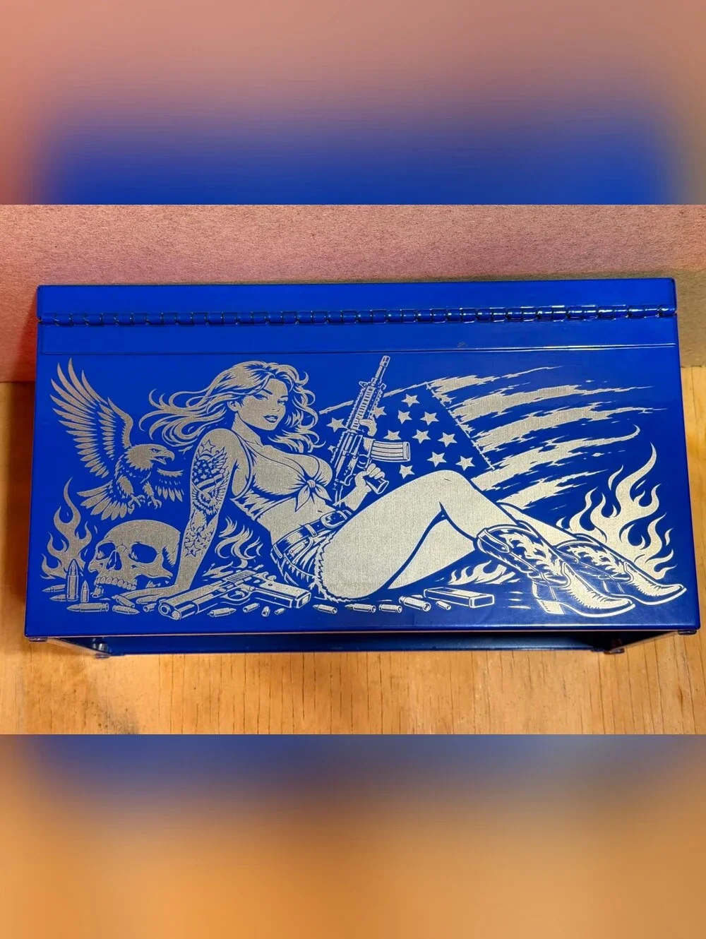 NEW Custom Laser engraved Mini Metal tool box Blue 1776 Pin Up Girl